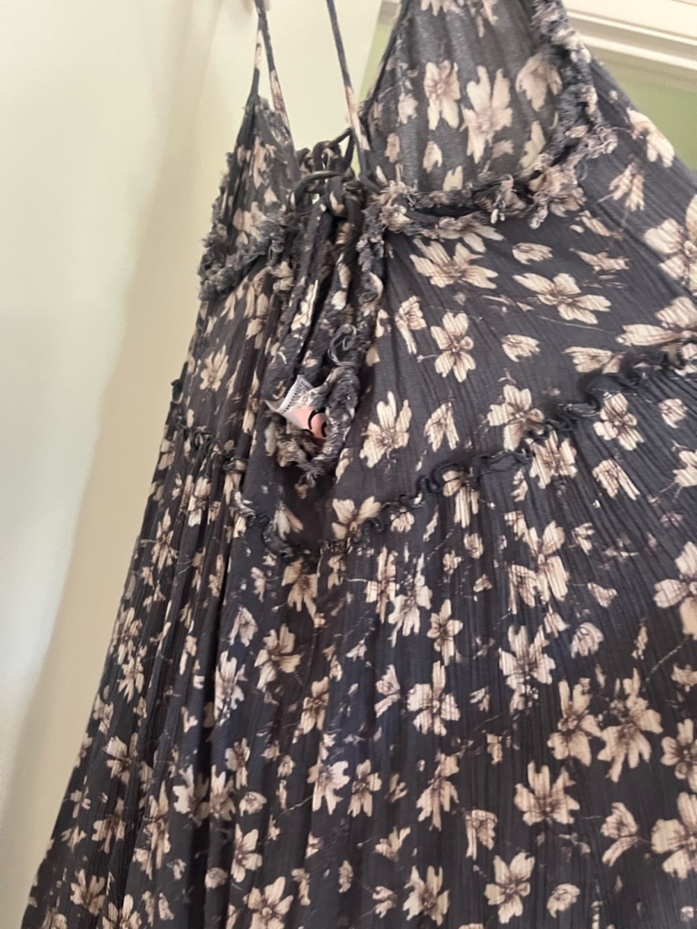 Black Floral Pleated Maxi Dress with Cream Flowers